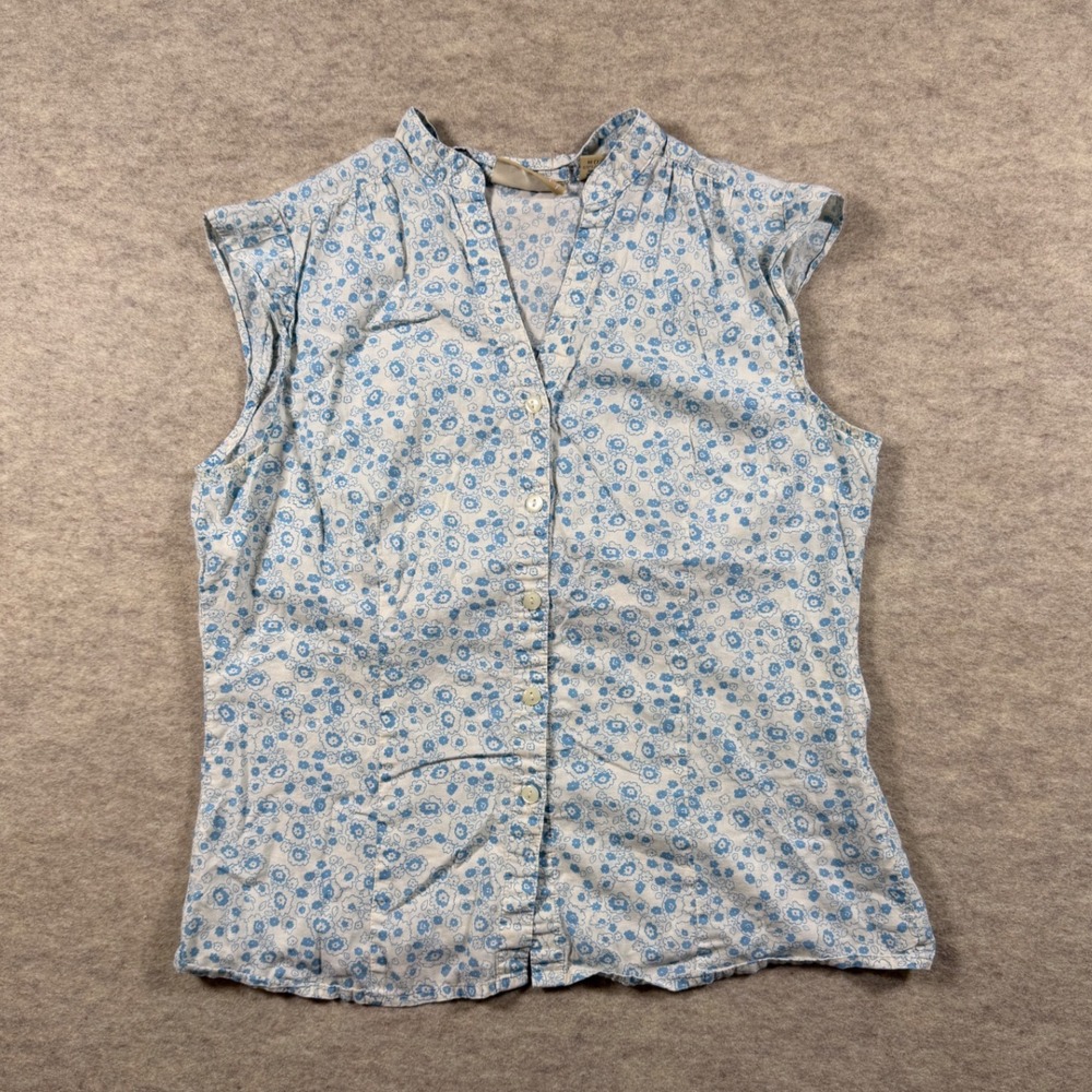 Cottagecore Prairie Womens Blue Floral Cotton Button Down Blouse Mao Collar Sz M